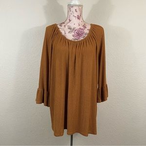 Como Vintage sz:1X Striped Mustard Yellow Black Textured Top Ruffled Sleeve-End